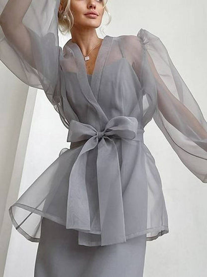 Transparente Sexy Bluse V-Ausschnitt Lange Puffärmel Schleife Schicke Bluse