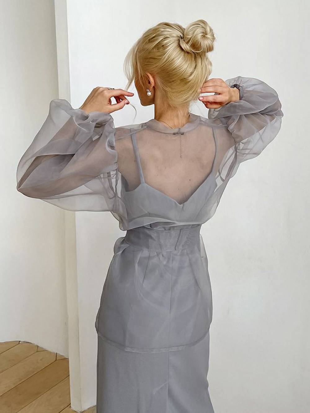 Sheer Sexy Top V Neck Long Puff Sleeves Bow Tie Chic Blouse - Seldom Seen Styles