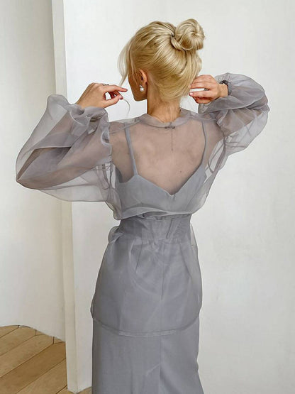 Transparente Sexy Bluse V-Ausschnitt Lange Puffärmel Schleife Schicke Bluse