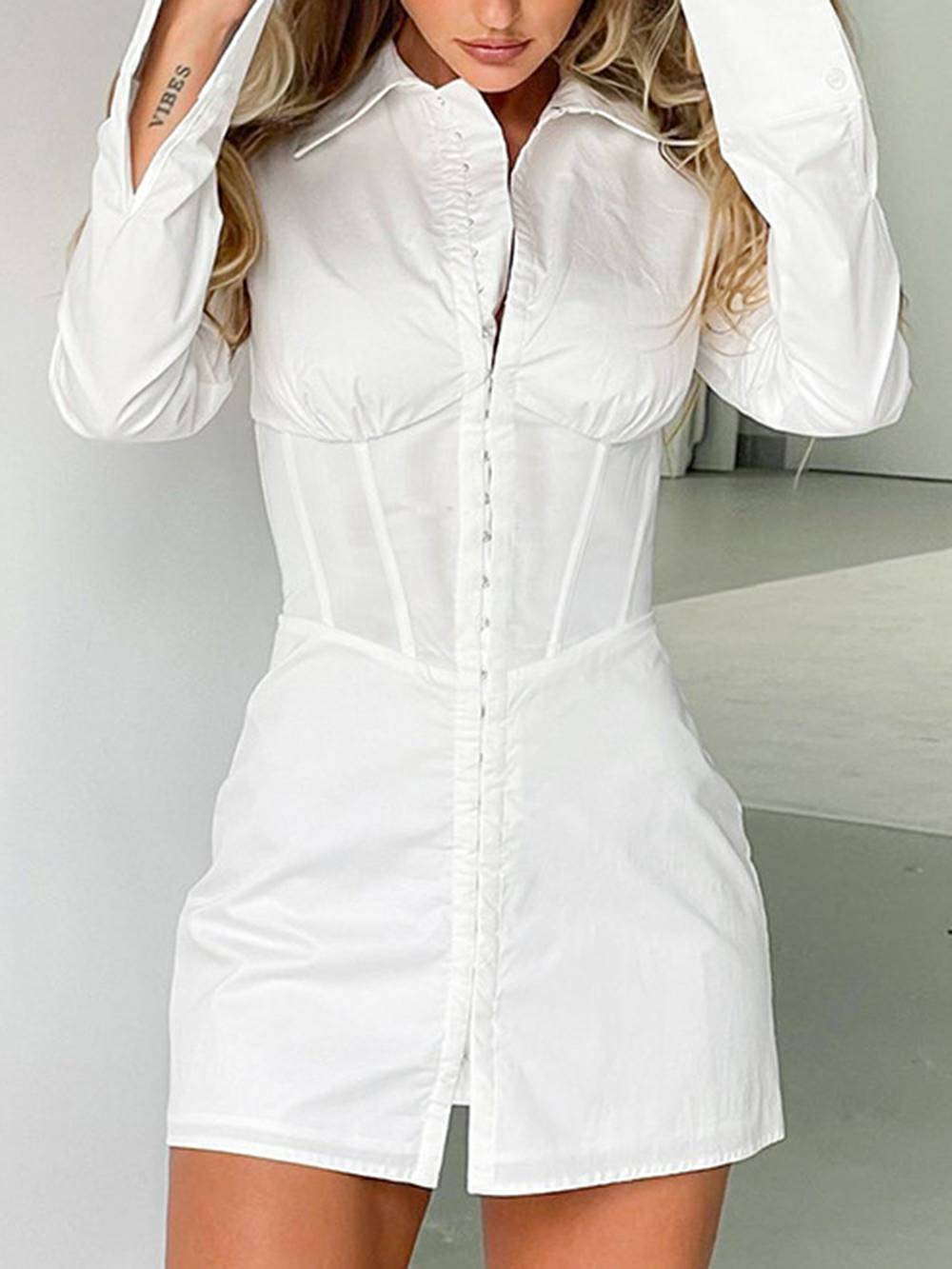 Turndown Collar Long Sleeve Slim Waist Shirt Dress - Seldom Seen Styles
