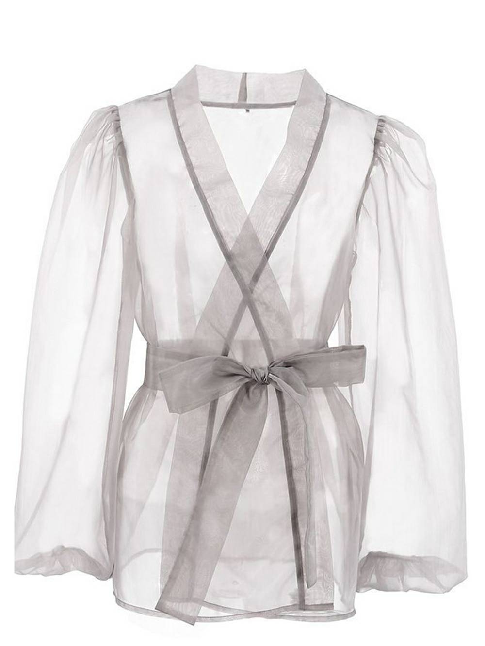 Sheer Sexy Top V Neck Long Puff Sleeves Bow Tie Chic Blouse - Seldom Seen Styles