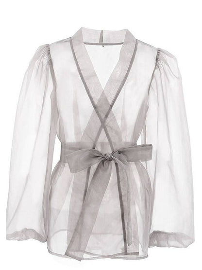 Transparente Sexy Bluse V-Ausschnitt Lange Puffärmel Schleife Schicke Bluse