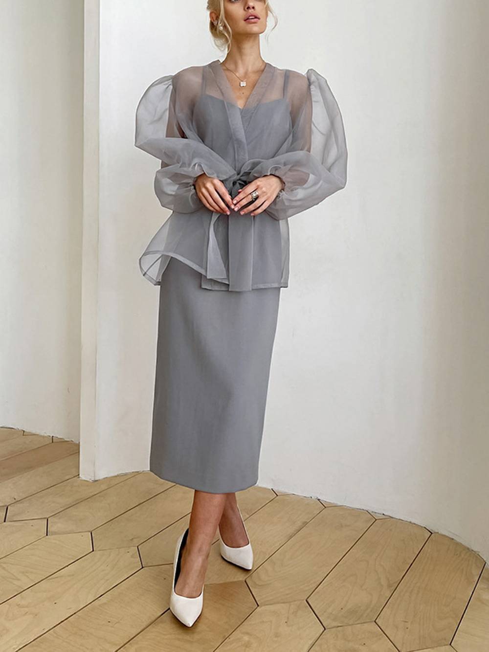 Sheer Sexy Top V Neck Long Puff Sleeves Bow Tie Chic Blouse - Seldom Seen Styles