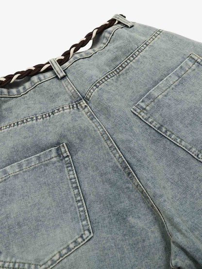 Denim Retro Belt Detail With Patchwork Barrel Jeans - 2490