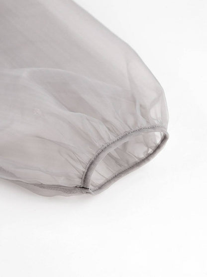 Transparente Sexy Bluse V-Ausschnitt Lange Puffärmel Schleife Schicke Bluse
