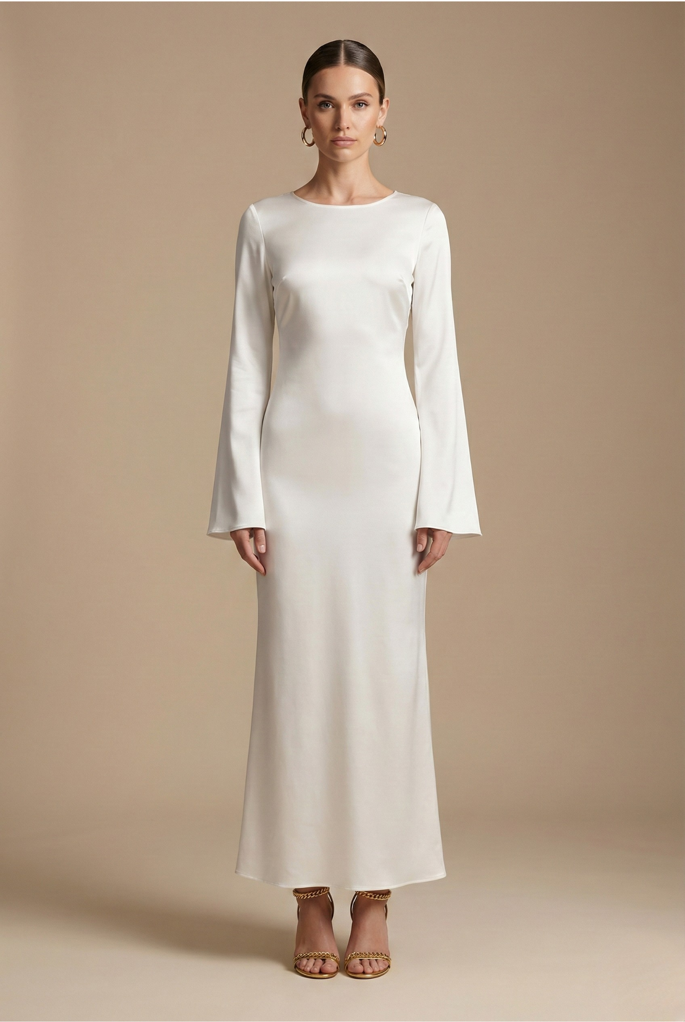 Women’s Satin Long Sleeve Maxi Dress with Round Neck and Tie Waist