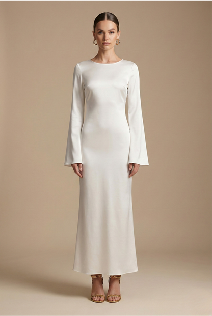 Women’s Satin Long Sleeve Maxi Dress with Round Neck and Tie Waist