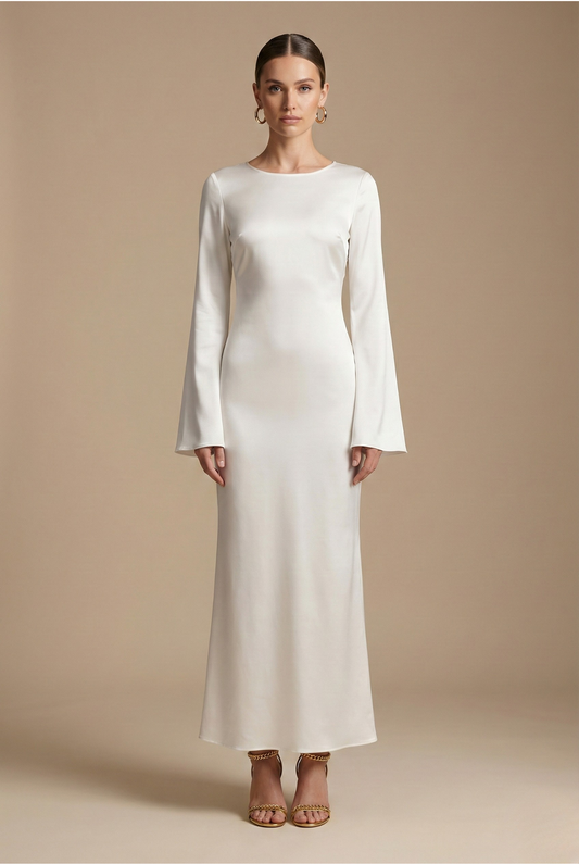 Women’s Satin Long Sleeve Maxi Dress with Round Neck and Tie Waist