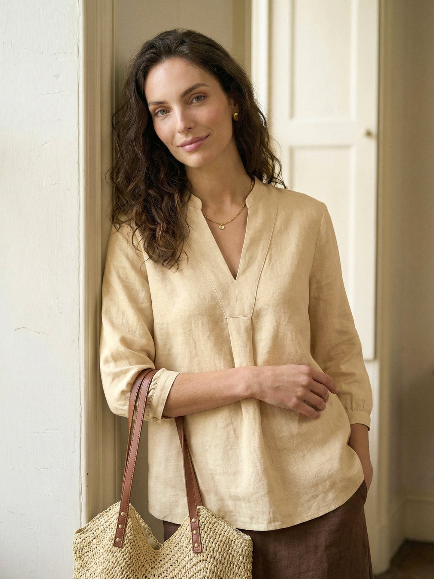 Women's 100% Linen Dress Shirt Stand Collar Half Sleeve Relaxed Fit Casual Summer Beach Vacation Blouse Top