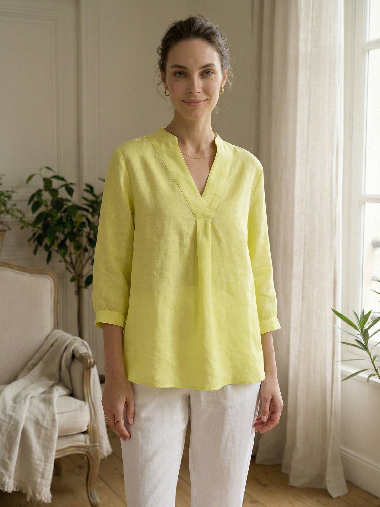 Women's 100% Linen Dress Shirt Stand Collar Half Sleeve Relaxed Fit Casual Summer Beach Vacation Blouse Top