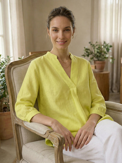 Women's 100% Linen Dress Shirt Stand Collar Half Sleeve Relaxed Fit Casual Summer Beach Vacation Blouse Top