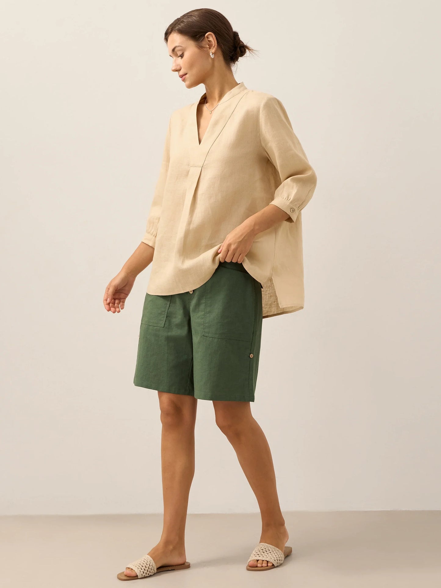 Women's 100% Linen Dress Shirt Stand Collar Half Sleeve Relaxed Fit Casual Summer Beach Vacation Blouse Top