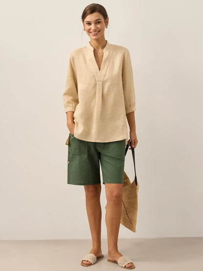 Women's 100% Linen Dress Shirt Stand Collar Half Sleeve Relaxed Fit Casual Summer Beach Vacation Blouse Top