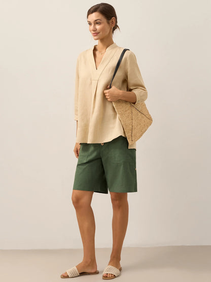 Women's 100% Linen Dress Shirt Stand Collar Half Sleeve Relaxed Fit Casual Summer Beach Vacation Blouse Top