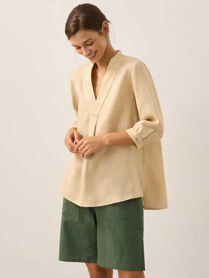 Women's 100% Linen Dress Shirt Stand Collar Half Sleeve Relaxed Fit Casual Summer Beach Vacation Blouse Top
