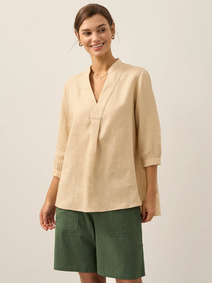 Women's 100% Linen Dress Shirt Stand Collar Half Sleeve Relaxed Fit Casual Summer Beach Vacation Blouse Top