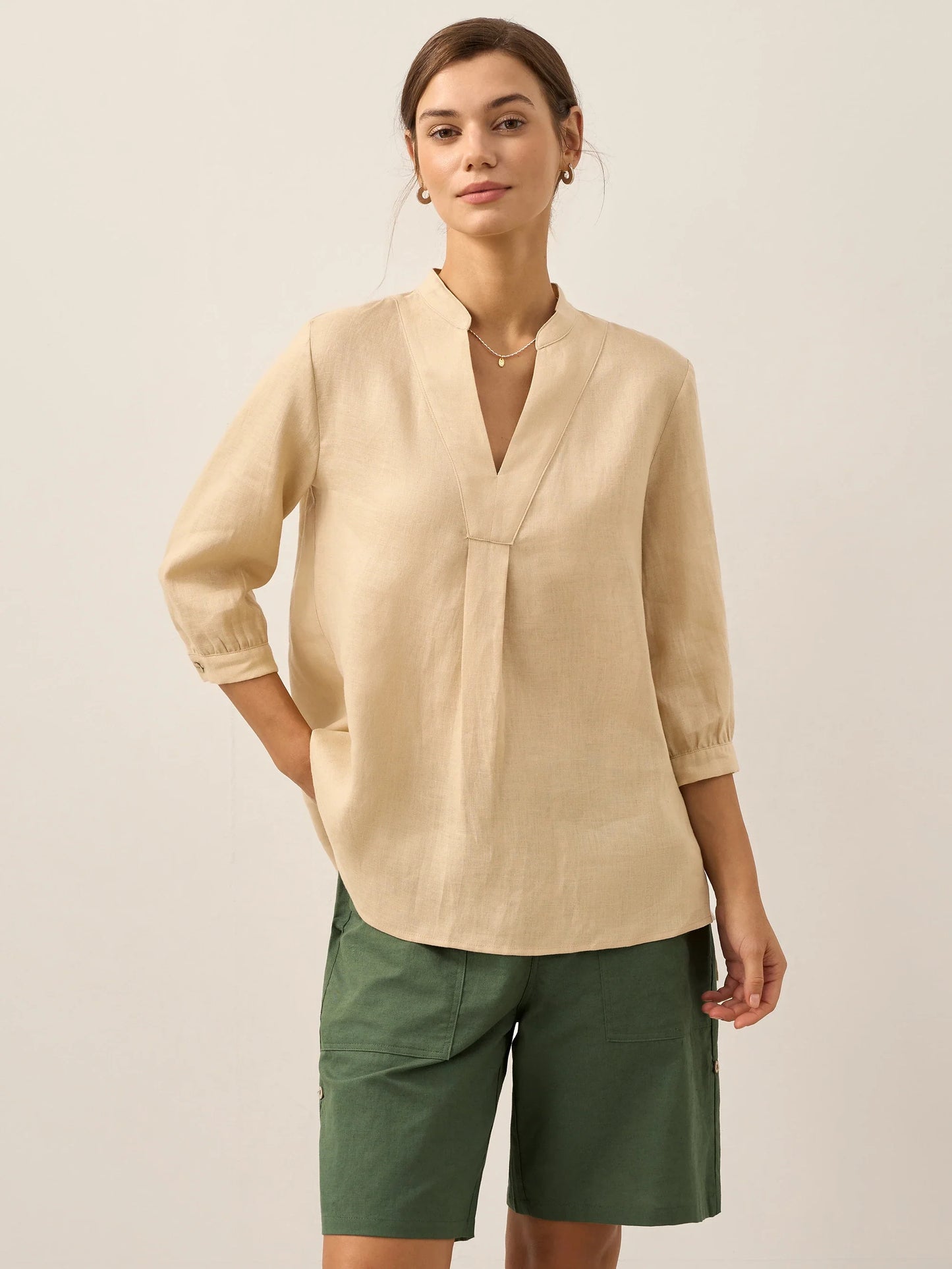 Women's 100% Linen Dress Shirt Stand Collar Half Sleeve Relaxed Fit Casual Summer Beach Vacation Blouse Top