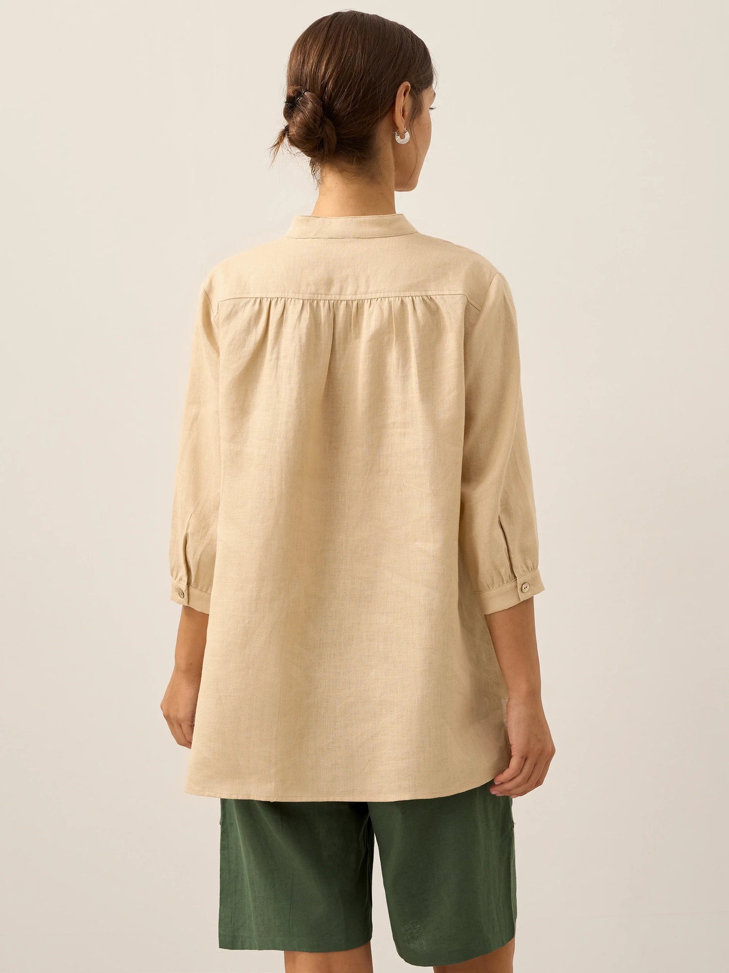 Women's 100% Linen Dress Shirt Stand Collar Half Sleeve Relaxed Fit Casual Summer Beach Vacation Blouse Top