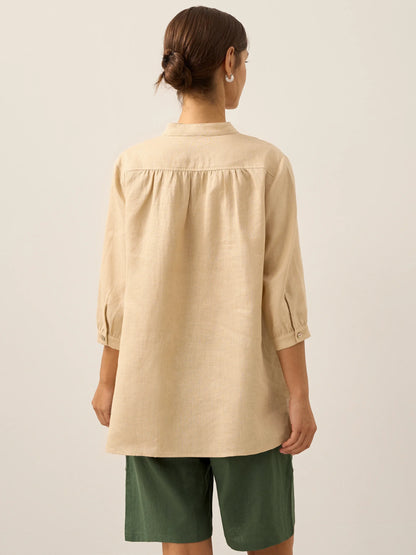 Women's 100% Linen Dress Shirt Stand Collar Half Sleeve Relaxed Fit Casual Summer Beach Vacation Blouse Top