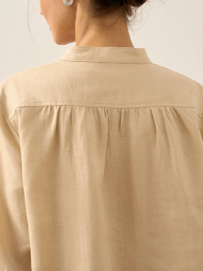 Women's 100% Linen Dress Shirt Stand Collar Half Sleeve Relaxed Fit Casual Summer Beach Vacation Blouse Top