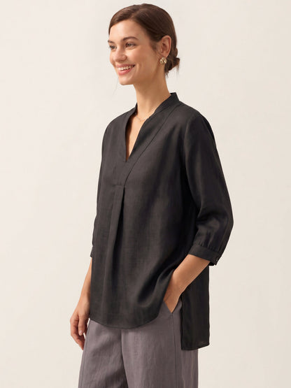 Women's 100% Linen Dress Shirt Stand Collar Half Sleeve Relaxed Fit Casual Summer Beach Vacation Blouse Top