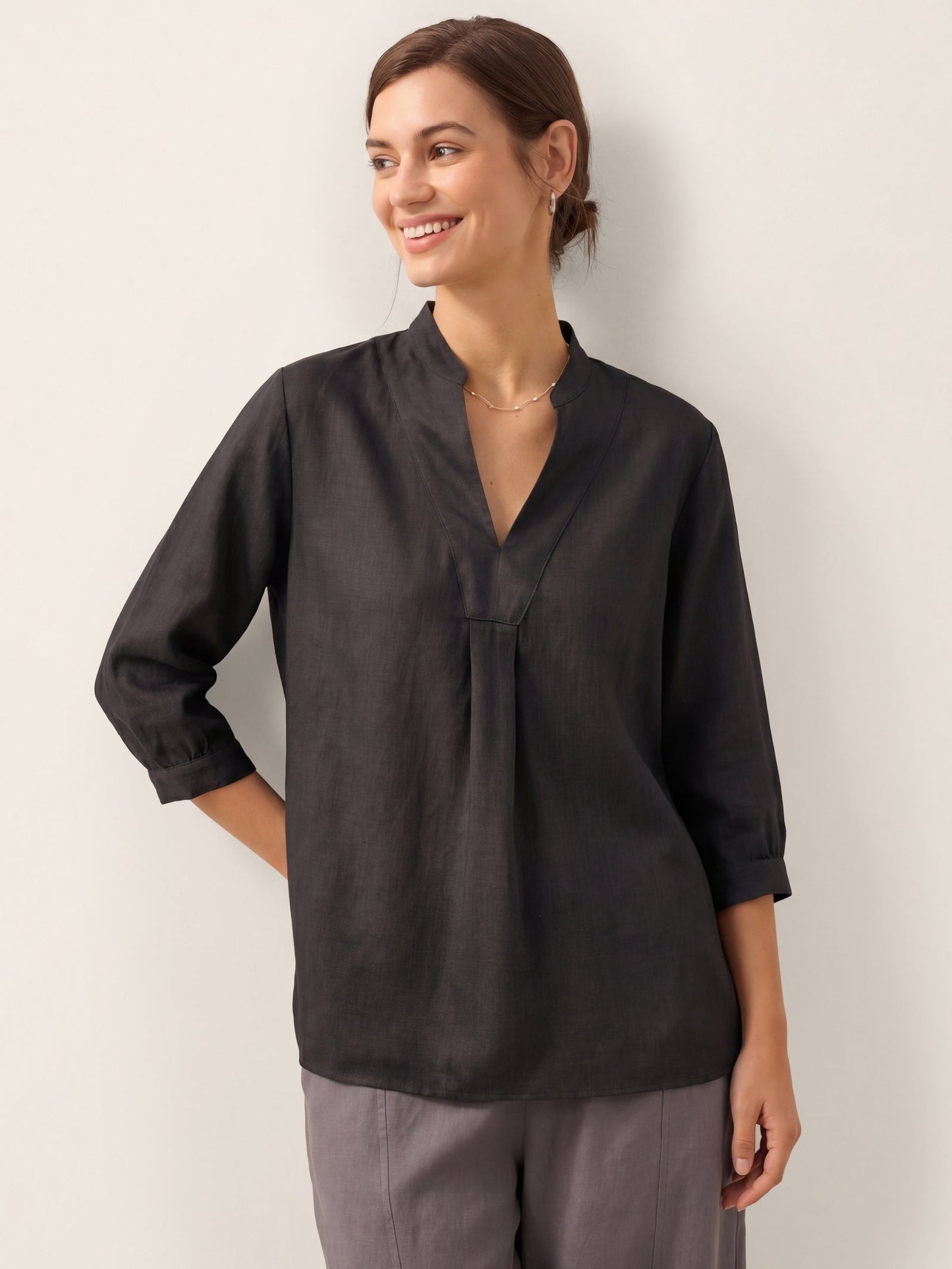 Women's 100% Linen Dress Shirt Stand Collar Half Sleeve Relaxed Fit Casual Summer Beach Vacation Blouse Top