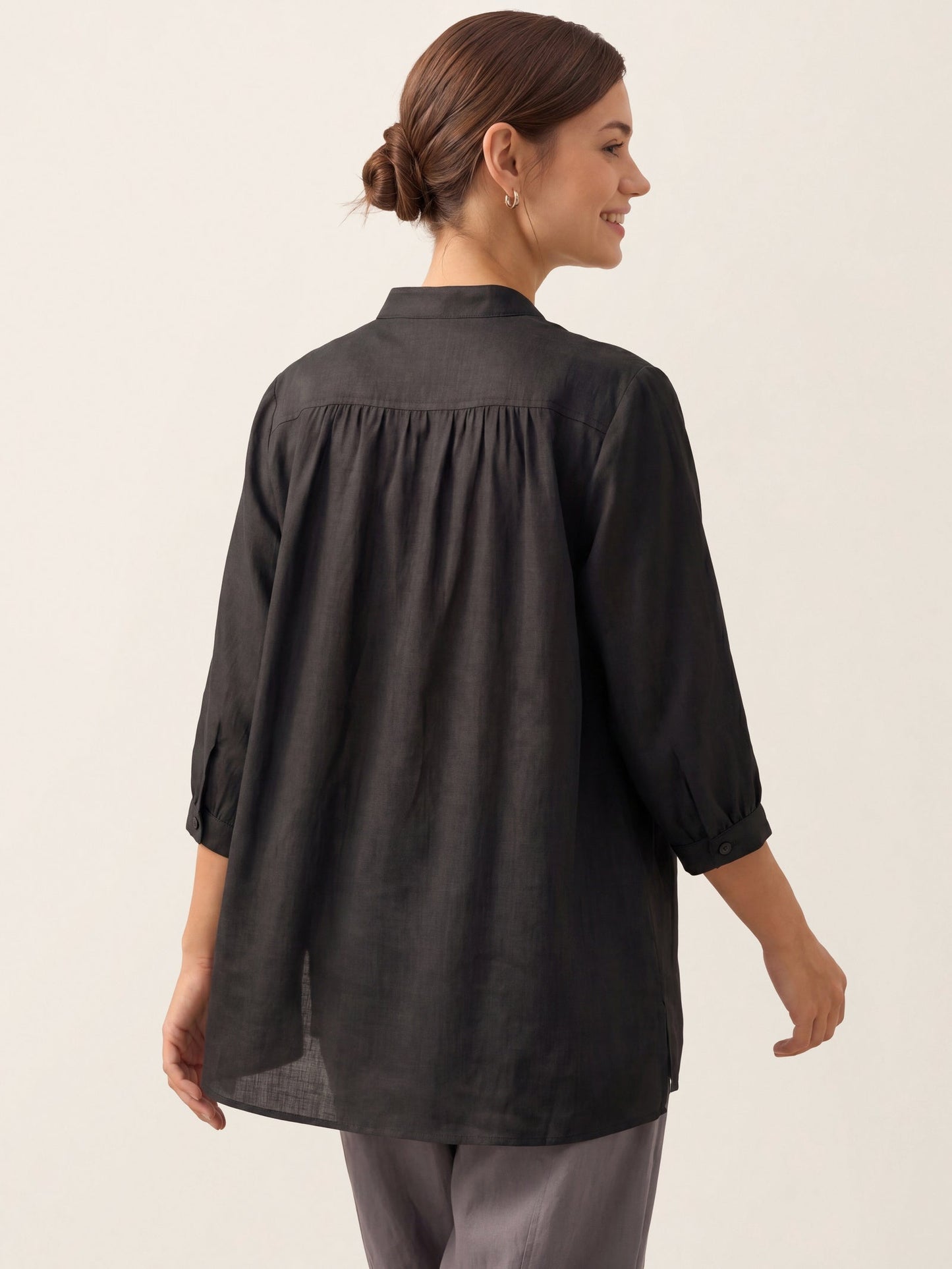 Women's 100% Linen Dress Shirt Stand Collar Half Sleeve Relaxed Fit Casual Summer Beach Vacation Blouse Top