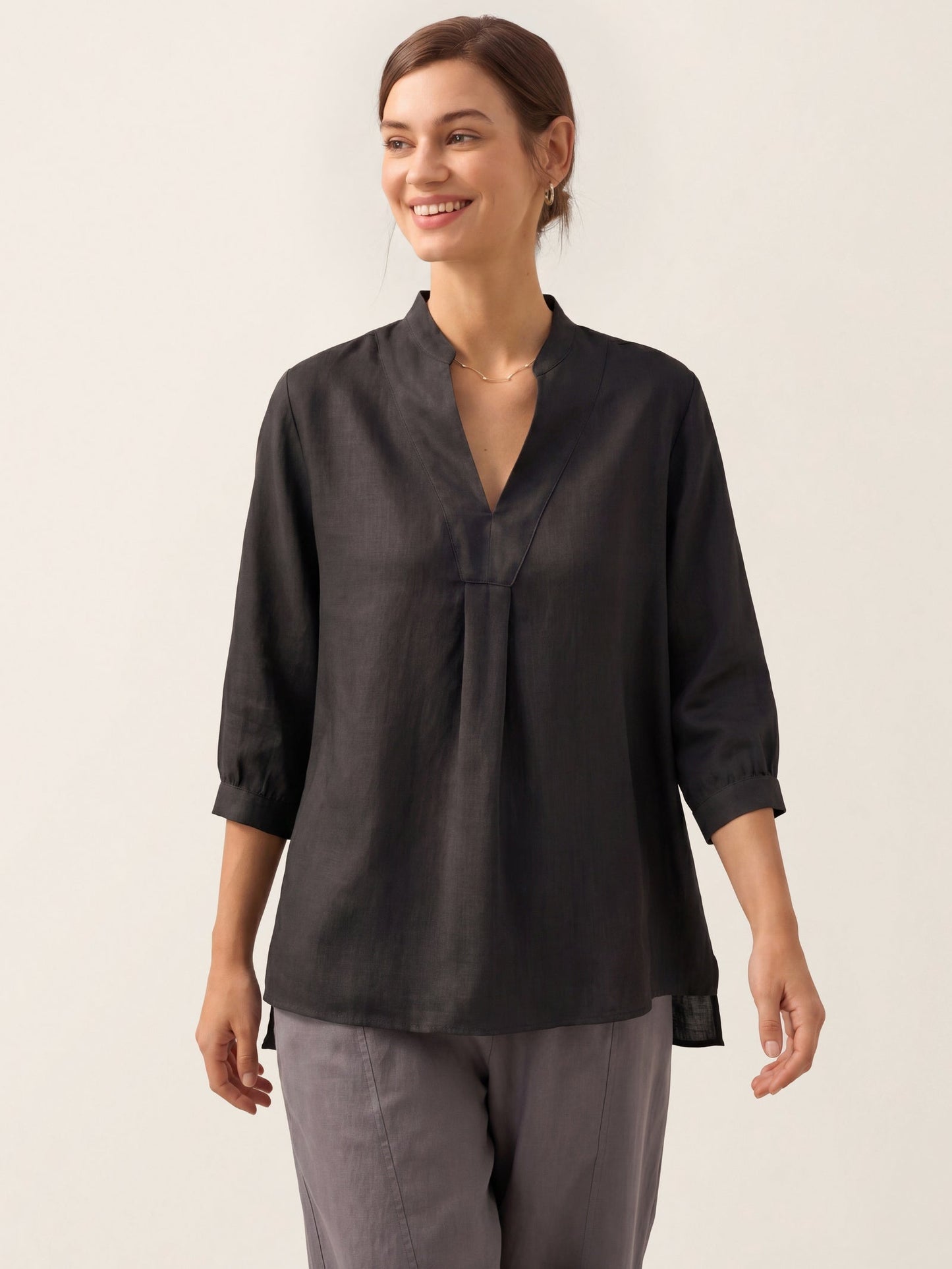 Women's 100% Linen Dress Shirt Stand Collar Half Sleeve Relaxed Fit Casual Summer Beach Vacation Blouse Top