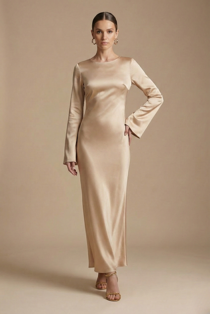 Women’s Satin Long Sleeve Maxi Dress with Round Neck and Tie Waist