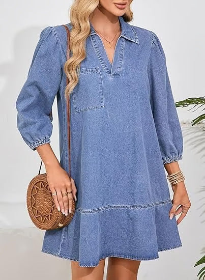 Denim Dress for Women Fashion Fall Casual Babydoll 2025 V Neck 3/4 Puff Sleeve Jean Dresses