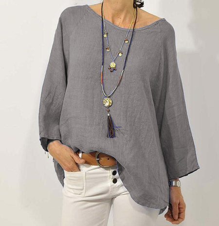 Women's Cotton Linen Blouse Casual Oversized Round Neck Top Loose Fit 3/4 Sleeve Tunic Shirt Boho Style