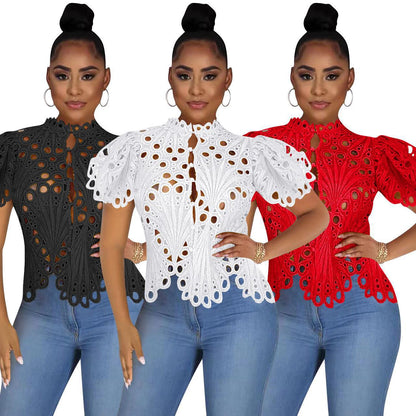 Women’s Sexy Ruffle Long Sleeve Summer Lace Tops 2024 Puff Flare Shirt V Neck Hollow Out Button Down Tunic Blouses