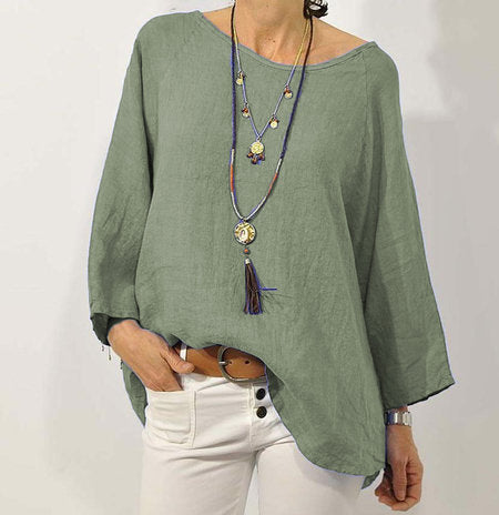 Women's Cotton Linen Blouse Casual Oversized Round Neck Top Loose Fit 3/4 Sleeve Tunic Shirt Boho Style