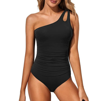 One Shoulder One Piece Swimsuit for Women Tummy Control Bathing Suits Modest Full Coverage Keyhole Swimwear - Seldom Seen Styles