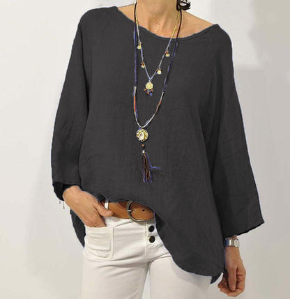Women's Cotton Linen Blouse Casual Oversized Round Neck Top Loose Fit 3/4 Sleeve Tunic Shirt Boho Style