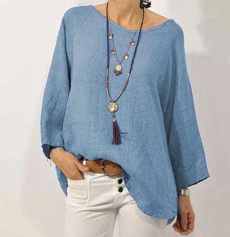 Women's Cotton Linen Blouse Casual Oversized Round Neck Top Loose Fit 3/4 Sleeve Tunic Shirt Boho Style