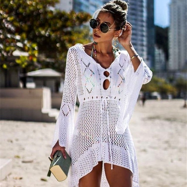 Hollow-out Sun Protection Shirt Bell Sleeve Beach Cover-up Bikini Cover  Hot Knitwear Swimsuit