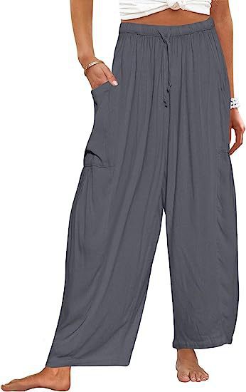 Pantalon large pour femme, décontracté, ample, avec cordon de serrage, fluide, pour l'été, la plage, style sarouel, avec poches