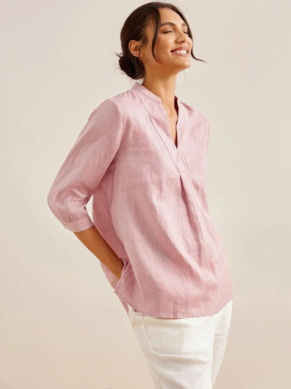 Women's 100% Linen Dress Shirt Stand Collar Half Sleeve Relaxed Fit Casual Summer Beach Vacation Blouse Top