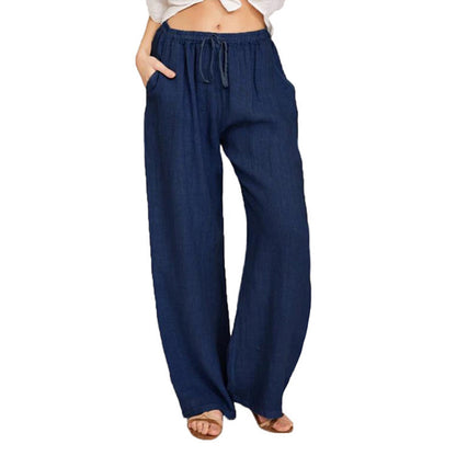 Women's Casual Wide Leg Elastic Waist Loose Lightweight Summer Linen Beach Pants Drawstring