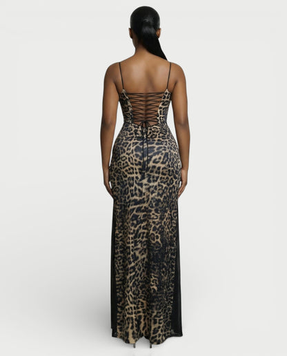 CAITLYN Leopard Print Lace-up Waist Maxi Dress