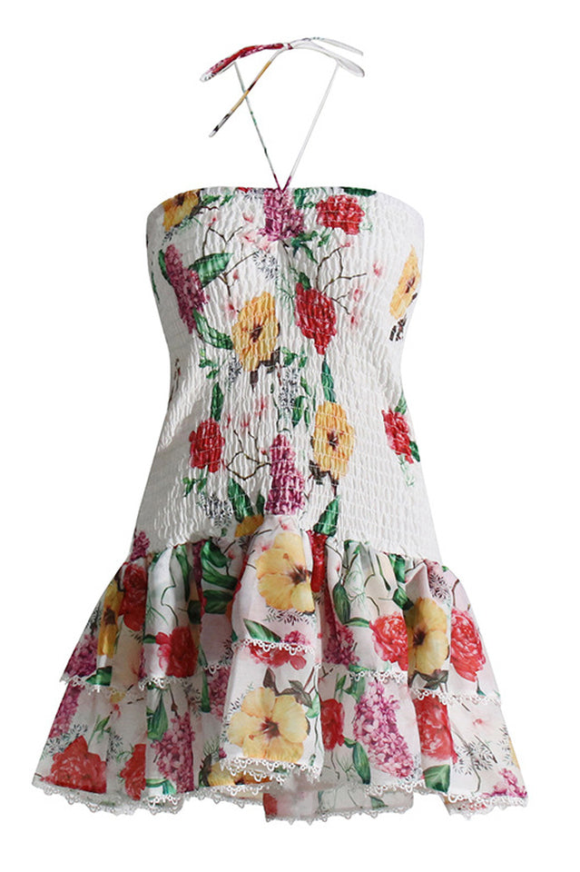 Women's Floral Print Strapless Mini Dress Smocked Bodice Tiered Ruffle Skirt Crochet Lace Trim 100% Cotton Summer Beach Boho Dress - Seldom Seen Styles