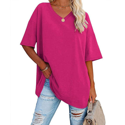 Women's Loose Fit V-Neck T-Shirt Short Sleeve Casual Summer Tops Solid Color Lightweight Breathable Cotton Blend Tee Shirt for Women