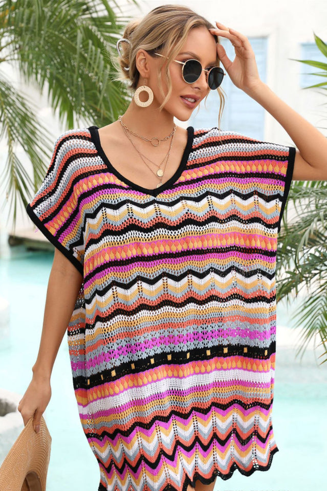 Rainbow Stripe Scalloped V-Neck Cover-Up Dress - Seldom Seen Styles