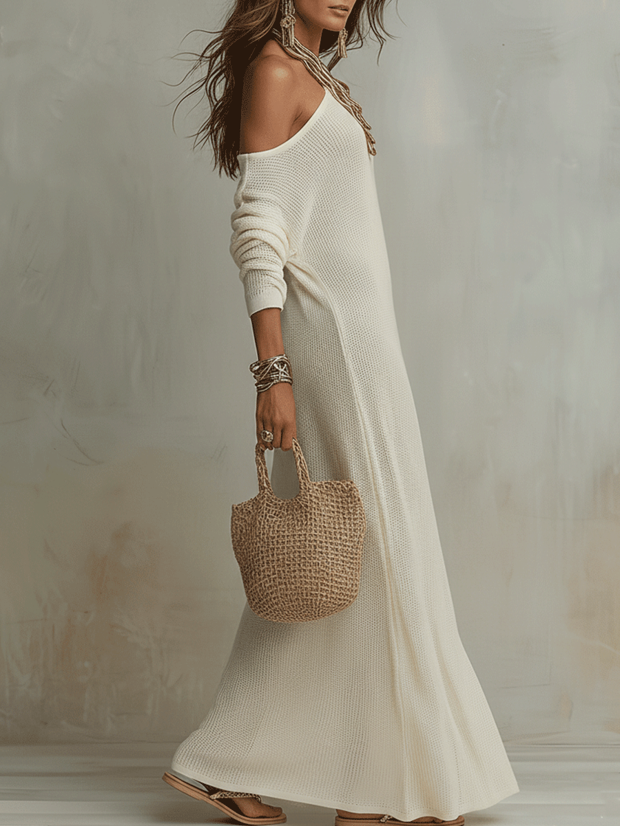 Bohemian One-Shoulder Textured Maxi Dress In Soft Ivory - Seldom Seen Styles