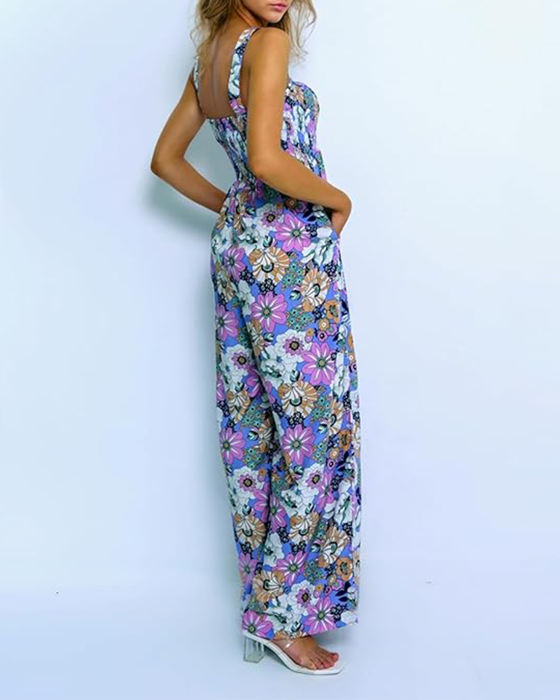 Women's Floral Smocked Wide-Leg Jumpsuit – Sleeveless Summer Romper with Pockets - Seldom Seen Styles