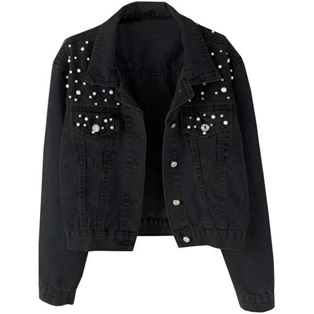 Women's Fashion Loose Embroidered Pearls Beading Cropped Denim Jacket Jean Coat - Seldom Seen Styles