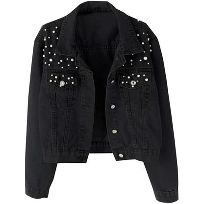 Women's Fashion Loose Embroidered Pearls Beading Cropped Denim Jacket Jean Coat