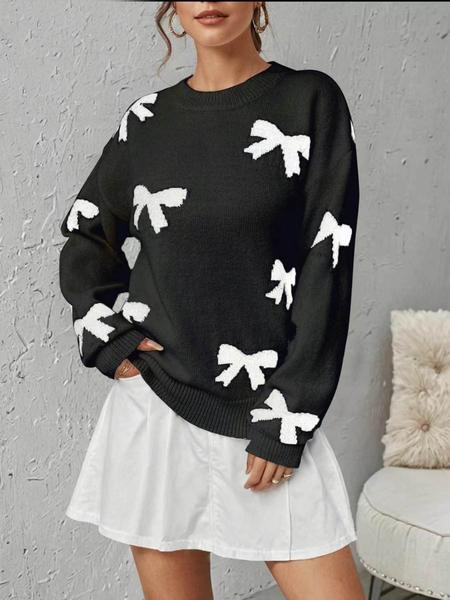 Fashion Bow Print Casual Basic Loose Knitted Sweater Pullover Autumn/Winter Women Pullovers New O-Neck Full Sleeve Knit Sweater, Knitwear - Seldom Seen Styles