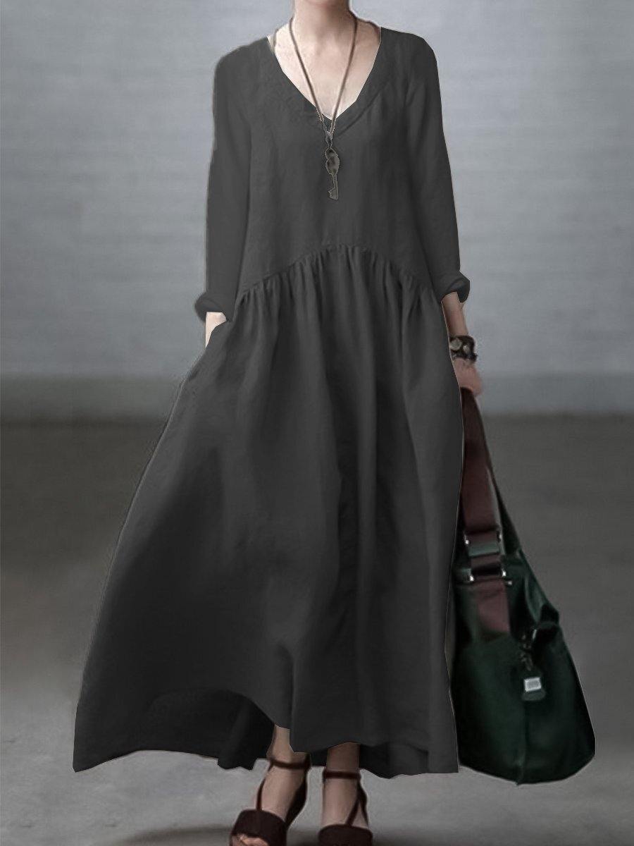 Simple and Loose V-neck Cotton and Linen Dress - Seldom Seen Styles